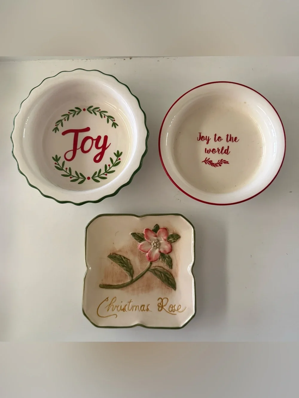 Holiday Ceramic Bowls and Trinket Dish - Red, Green, Cream
